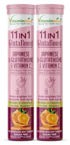 Vitaminnica Gluta Boost 11-in-1 Effervescent Tablets with Japanese L-Glutathione, Collagen, & Hyaluronic Acid | Skin Radiance & Beauty Supplement | 15 Tablets (Pack of 2, Orange)