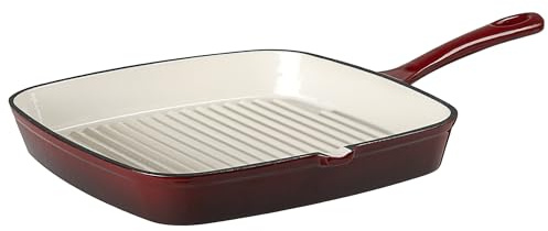 Prochef Enamelled Cast Iron Grill Pan 23cm – Heavy-Duty Griddle Skillet with Pouring Spouts, All Hob & Oven Safe, Durable & Easy to Clean, Ideal for Grilling Meats & Veg, Garnet