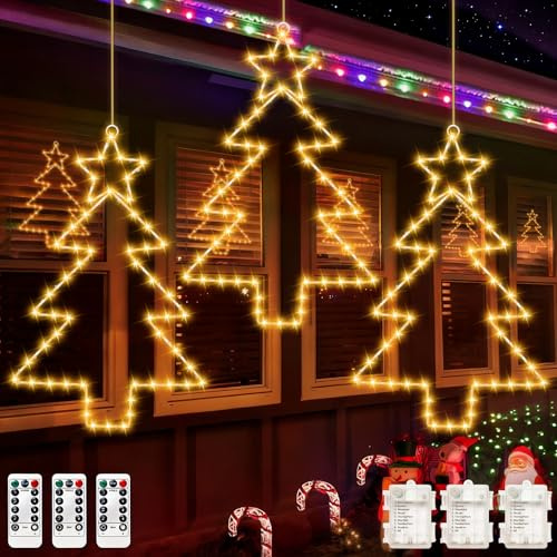 Luminosa di Natale - 3 Luci Lucine Led Decorative a Batteria, 8 Modalità Albero di Natale Catena Luminosa Luci di Natale da Esterno, Luci Tende Natalizie per Finestre Esterno/Interno, Giardino,Porta
