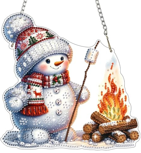 Bowetile Diamond Painting Anhänger Schneemann, Weihnachten Schneemann Diamond Painting Fensterbilder für Erwachsene, Kinder Hängende Ornament Motive Bastelset für Wand Fenster Garten, Decor Geschenk