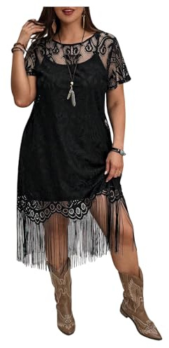BEAUDRM Women's Plus Size Western Dress Sheer Lace Boho Fringe Dresses Country Short Sleeve Tassel Cowgirl Outfits Black X-Large Plus
