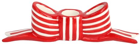 Talking Tables Portacandele con fiocco rosso e bianco – Centrotavola di Natale in ceramica, portacandela festivo a righe per candele da cena, decorazioni per la casa vacanze