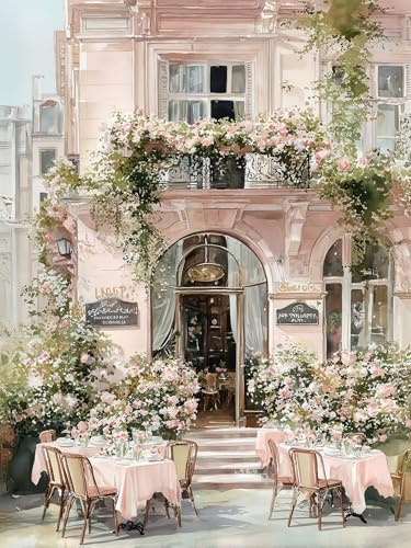 STYLER Leinwandbild Café des Fleurs 60x80 cm – Romantisches Pariser Straßencafé in Pastelltönen – Französisches Flair für Ihr Zuhause