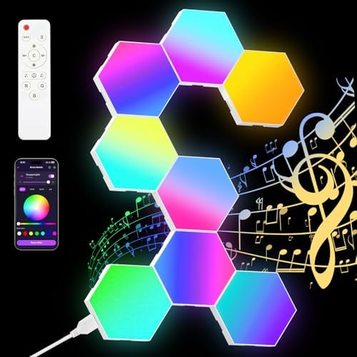 vsshe LED Sechseck Gaming Wandleuchte, 8 Stück Hexagon LED Panel RGB Smart Sechseck Wand panel App Steuerung Musik Sync Wandbeleuchtung Smart Sechseckige Gamer Room Deko Modular Lampe