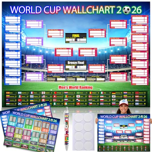 Word Cup Schedule Poster 2026 & Final Round 48-Team Collection Showcase,2Pcs Functional Folded Poster&Handwritten Watercolor Pen,Football Tournament Schedule and Team Info Chart Gifts for Soccer Fans