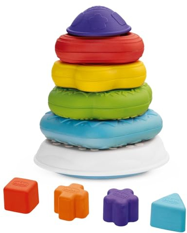 Chicco Turm Ringe 2in1 Stapelspiel, Aktivitätszentrum, Steckspiel mit verschiedenen Formen und Texturen, Förderung der Feinmotorik und Koordination, Geschenk für Kinder, 6-36 Monate