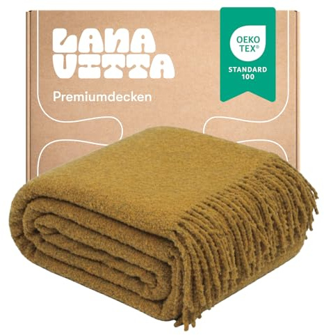 Lanavitta – Bouclé Wolldecke „Lounge“ – Kuschelige Tagesdecke & Plaid – Sofadecke, Couchdecke, Bettüberwurf & Sesseldecke – 25% Wolle, 20% Polyester, 55% Acryl – Senfgelb – 140x200 cm
