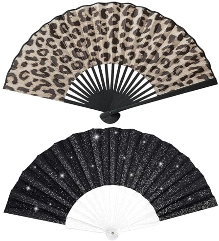 Gatwrmth 2-Pack Rave Fans, Leopard Print & Black Sparkle Hand Folding Fans, Portable Foldable Paper Fans for Dance, Parties, Performances & Decorations