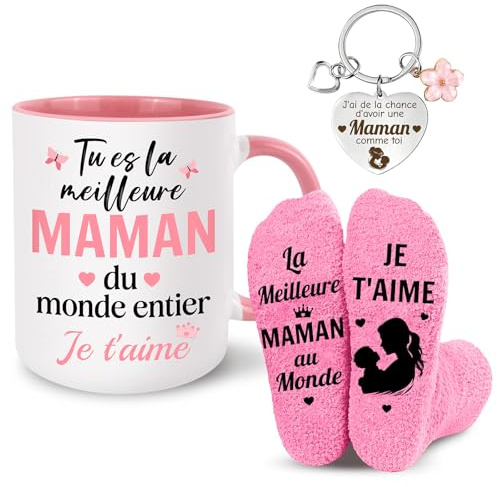 Cadeau Fete des Meres, Cadeau Anniversaire et Noël pour Maman | Ensemble Mug Céramique 330ml, Chaussettes Flanelle et Porte-clés Cœur, Mamie et Belle-mère