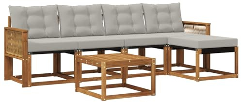 vidaXL Outdoor-Sofagarnitur mit Kissen 6 pcs Natürlich und Hellgrau, Gartenmöbel, modernes Outdoor-Sofa, modulare Sitzgruppe für Terrasse und Lounge, langlebig und bequem