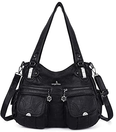Angelkiss Damen Handtasche Große Doppelreißverschluss Multi Pocket Washed Schultertasche Designer-Handtaschen für Frauen