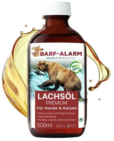 500ml Premium Lachsöl Hunde Lachsöl für Hunde und Katzen mit Omega 3 und Omega 6 Fettsäuren – Lachsöl Katze und Hund als Fischöl – Barf Lachs für Welpen Adulte Senioren & Sporthunde