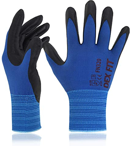 DEX FIT Premium Nylon Nitril Arbeitshandschuhe FN320; 3D-Komfort, Dehnbare Passform, Griff, Dünne, Leichte Arbeitshandschuhe, Langlebig, Atmungsaktiv, Kühl, Waschbar; Blau L (9) 12 Paare