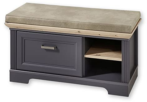 Stella Trading JASMIN Schuhbank mit Sitzfläche in Graphit, Artisan Eiche Optik - Landhausstil Sitzbank gepolstert mit Stauraum für Flur und Garderobe - 93 x 49 x 41 cm (B/H/T)