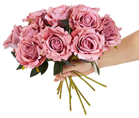 cn-Knight 12 x Samt-Rosen, künstliche Rosen, 30,5 cm, mit Stiel und Blättern, samtige Blumen für Heimdekoration, Tafelaufsatz, DIY-Blumenstrauß-Zubehör, staubiges Pink
