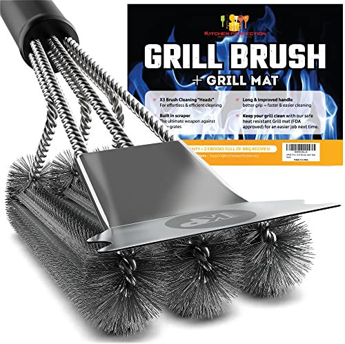 KITCHEN PERFECTION Sichere Drahtgrillbürste für Outdoor-Grill mit Grillschaber und Grillmatte, Grill-Reinigungsset – verlängerter Griff, Grillbürste für mühelose Grillreinigung, Grillreinigerbürste,