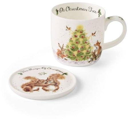 Royal Worcester Wrendale Deigns 0.3 Litre Mug and Coaster Set Oh Christmas Tree