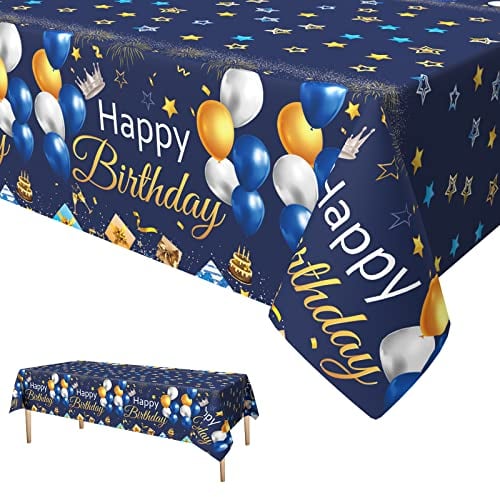Xinvery Party Tischdecke Blau Gold, Happy Birthday Tischtuch Luftballons Stern Rechteck Wasserdicht Dünn Plastic Tischtuch für Party Geburtstag Dekorationen 137 x 274cm