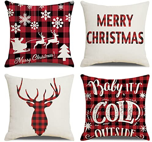 OCEUMACO Leinen Kissenbezug 45x45 Weihnachten Rot Kissenhülle 4er Set Sofakissen Dekokissen Bezug für Couch Weihnachtsdeko Merry Christmas Hirsch Kissen Kissenbezüge Outdoor Deko Zierkissen