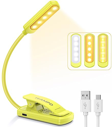 TEAMPD Leselampe Buch Klemme, Buchlampe mit 10 LEDs, 3 Farbtemperatur Modi, Stufenlose Helligkeit Augenschutz Klemmlampe, USB Wiederaufladbare Klemmleuchte,360° Flexibel für Nachtlesen ins Bett,Jaune