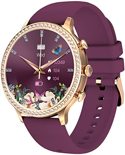 Fitnessuhr Damen Rund, 1.32 Zoll Smartwatch Mit Telefonfunktion, Diamanten Sportuhr, Blutdruckmessung, Schlafüberwachung, Pulsuhr, Schrittzähler für iOS und Android