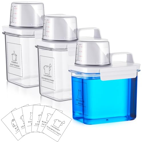 Lot de 3 conteneurs de détergent à lessive, distributeur de savon à lessive liquide avec autocollants, distributeur d'adoucissant en plastique pour nourriture pour animaux domestiques, buanderie,
