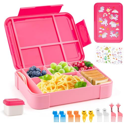 WuGU Lunch Box Enfant, 1300ml Bento Lunch Box Enfant avec 5 Compartiments et des Couverts (Fourchette et Cuillère), sans BPA, pour Micro-onde Lave-vaisselle, École Pique-Nique Travail (Rose)