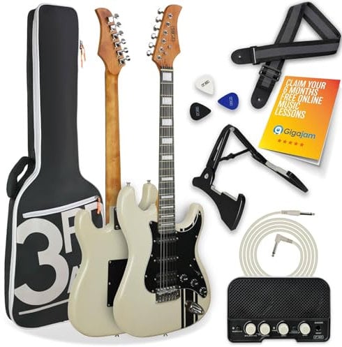 3rd Avenue Stateside Full Size 4/4 Electric Guitar Ultimate Kit with 5W Amp, Cable, Stand, Padded Gig Bag, Strap, Picks, FREE LESSONS – Atlantic White