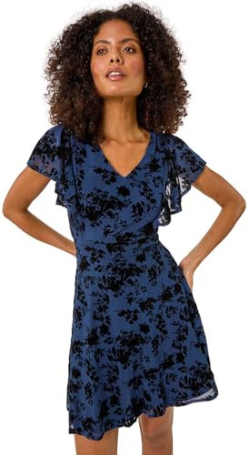 Roman Floral Print Angel Sleeve Mini Dress for Women UK - Ladies Autumn Everyday Winter Holiday V-Neckline Comfy Knee Length Soft Fit & Flare Frock Dinner Date Gowns - Blue - Size 12