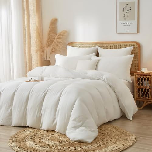 Luofanfei Baumwolle Muslin Bettwäsche 155x220 Weiß Renforce Uni Sommer Kühlende Bettwäsche Set Boho Weiche Bettbezug Knitterlook Bügelfrei mit Reißverschluss und Kissenbezüge 80x80cm