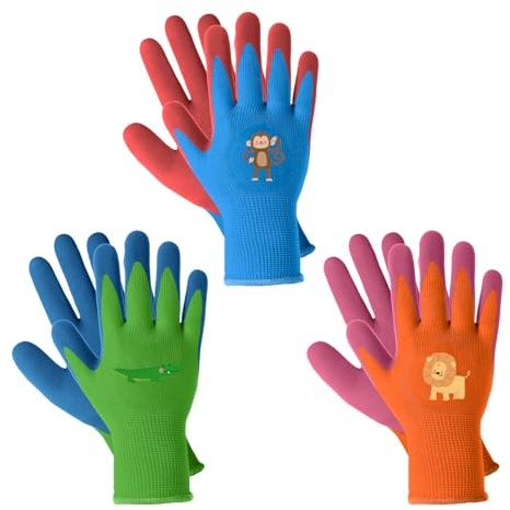 Migliore Wear 3 Paar Kinder Arbeitshandschuhe Gartenhandschuhe Kinder für 5-7 Jahre, Rutschfeste Latex-beschichtete Gartenhandschuhe für Outdoor Gartenarbeit Jungen & Mädchen
