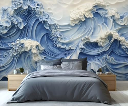 GIVLWF Ocean Waves Wallpaper, 3D Stereoscopic Landscape Peel and Stick Wallpaper for Bedroom, Nordic Blue Wall Paper for Living Room, Light Luxury Wall Mural, Beauty Large Mural & Room Decor