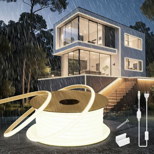 SUCIKORIO Neon LED Streifen 15m, Silikon Wasserdicht Feuerfest IP65 Runde COB Led Strip Naturweiss 4000K 10mm Leds Lichterkette Außen 230V Flexibler Lichtband Aussenbereich mit Netzteil für Haus,Küche
