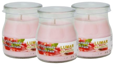 Home Universal® Pack de 3/6/12 Velas Aromáticas en Vaso de Cristal Reciclable LUMAR AROMATIC – 24h de Duración por Vela – Cera Vegetal Perfumada – Fabricadas en España (Fresas con Nata, 3 Unidades)