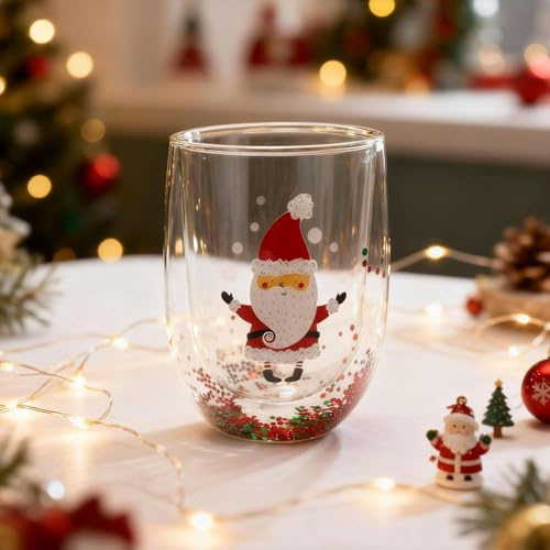 Latte Macchiato Gläser Weihnachten Doppelwandig, Weihnachtsgläser 300ml, Doppelwandige Kaffeegläser Thermogläser, Pailletten Weihnachtsbecher Glühweingläser, Weihnachtsglas Weihnachtsgeschenke (A)