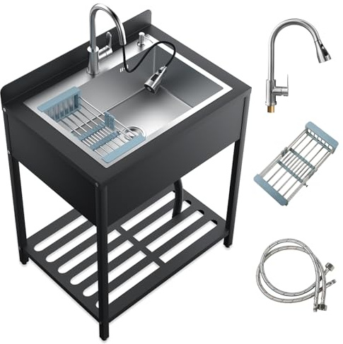 Freistehende Edelstahl Waschspüle für Außenbereich, Spülbecken Küchen Spüle mit Abtropfschale & Ausziehbarem Wasserhahn & Kalt-Warmwasserrohre (Silber, 85cm x 60cm x 95cm)