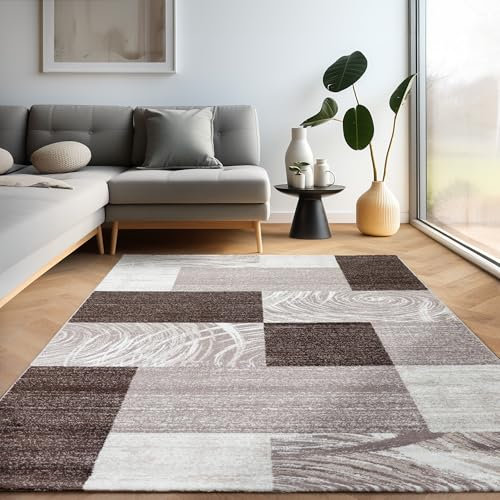 Carpettex Wohnzimmer Teppich Kurzflor 80 x 150 cm - Läufer Flur Modern Abstrakt Kariert Design Braun - Bettvorleger Schlafzimmer Weich Flauschig Waschbar Küchenläufer Esszimmer
