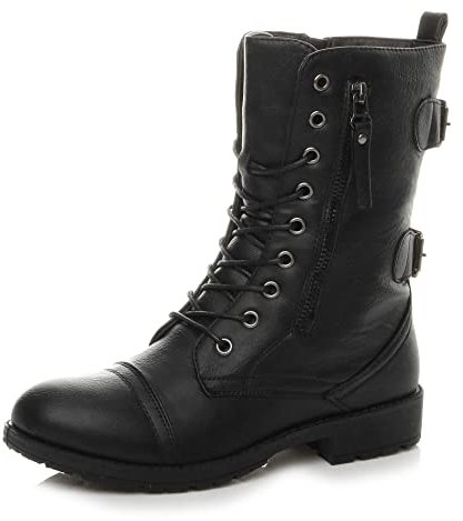 Ajvani Womens Ladies Flat Low Heel Lace up Zip Combat Military Ankle Boots, Black Matte, 5 UK, 38 EU