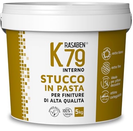 RASABEN - Stucco Bianco in Pasta K79 Pronto all'Uso, Extra Fine per Finiture di Qualità, Ottima Carteggiabilità, Ideale per Pitture Decorative, Uso Interno, Made in Italy, Barattolo da 5kg