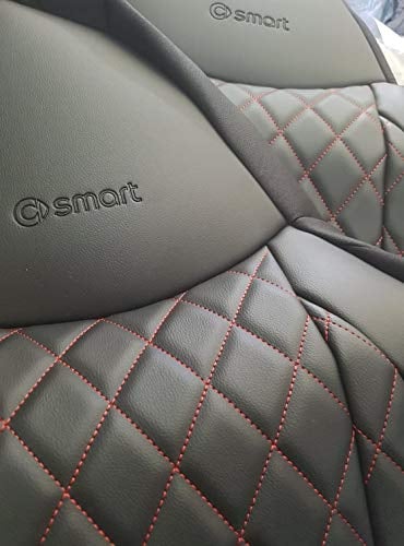Top Car||Rhombus | Zwei Luxus Autositzbezüge | aus Kunstleder&Synthetik | 100% Passgenau , Kom Sitzbezügesets, Kompatibel mit SMART FORTWO (453) | Rot-Schwarz (mit schneidendem Sicherheitsgurt)