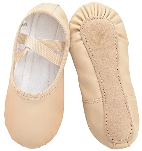 Ballettschuhe aus Leder mädchen Ballettschläppchen Tanzschuhe mit Ganze Ledersohle für Kinder Damen, Beige 32