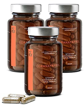 3x Granatapfel Extrakt reich an Polyphenolen mit 40% Ellagsäure - 1000mg hochdosiert pro Tagesdosis - 180 Granatapfel Kapseln Hochdosiert - Vegan