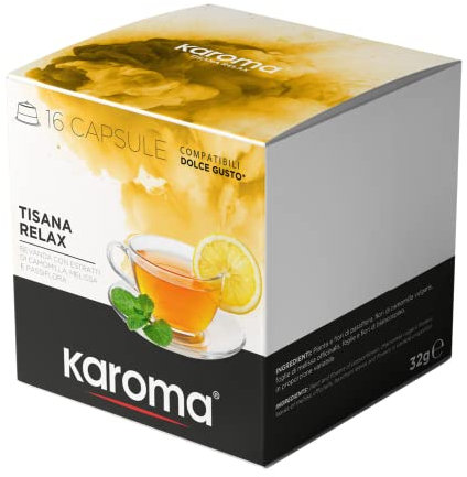 Karoma® 16 capsule Tisana Relax bevanda con estratti di Camomilla, Melissa e Passiflora compatibili con Nescafè Dolce Gusto