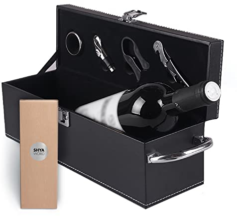 ShyaWorld Caja para Botella de Vino de Polipiel. Estuche para regalar. Kit Set Accesorios de vinos Incluidos. Sacacorchos, Recogegotas, Dosificador, Tapón...Botella No incluida. (NEGRO)