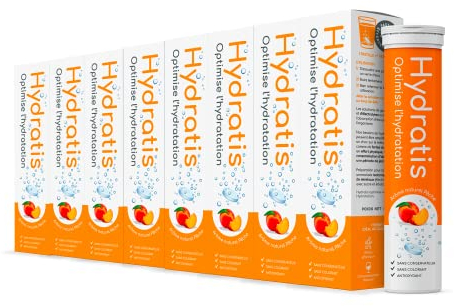 HYDRATIS - Pastilles Hydratation Electrolytes - Pêche - Améliore l'Hydratation et Favorise l'Énergie - Formule Isotonique - Sport, Récupération, Bien-être - 8 tubes (160 Pastilles)