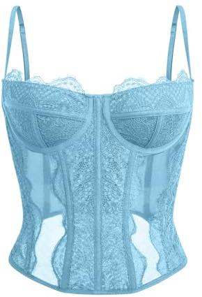 Dealmore Womens Summer Lace Bustier Mesh Sexy Vintage Spaghetti Strap Open Back Boned Corset Going Out Party Crop Top