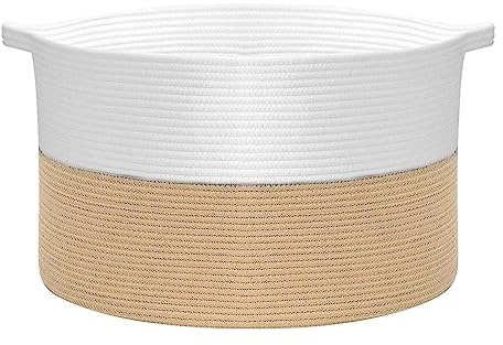 Vinsani Laundry Basket Natural Cotton Hand-Woven Rope Hamper Two Tone Scandinavian Home Décor Minimalist Aesthetic Storage For Clothes Baby Toys Nursery Bathroom and Bedroom Use – White & Coffee