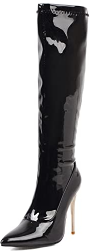 Bviennic Donna Appuntito Vernice Stivali Alti Zip Laterale Uomini Festa Tacco A Spillo Moda Stivali Equitazione Sposa Nero Numero 44 EU-46Cn