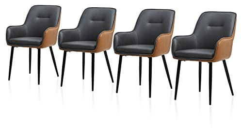 TUKAILAI Esszimmerstühle 4er Set Kunstleder,Küchenstuhl Polsterstuhl Armlehnstuhl mit Armlehne,Rückenlehne,Gepolstertes Sitz,Metallbeinen,Moderner Sessel in zweifarbigem Design,Esszimmer, Grau&Braun