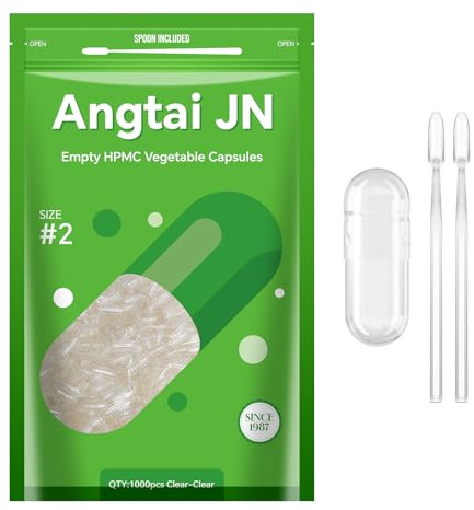 Angtai JN Gélules Vides Végétales à Remplir Taille 2 (1000 unités) Capsule Vide avec Micro Cuillère,Certifié Casher,Halal,Empty Capsules Compatible avec la Machine de Remplissage de Capsule 2